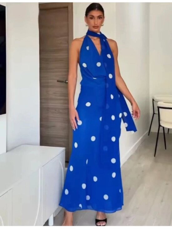 Zara Dresses & Skirts - Zara Womens Midi Dress S Blue White Polka Dot Print Halter Neck 8410/430 NWT